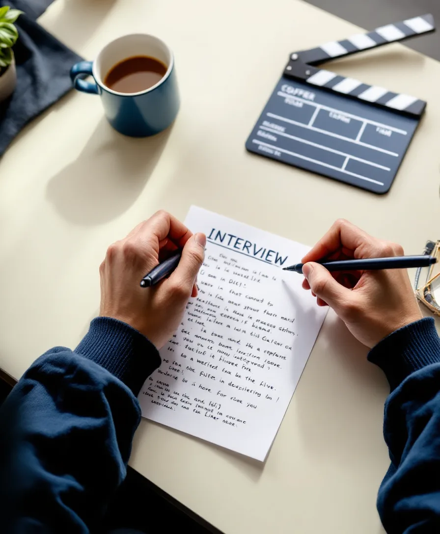Hands marking a printed interview transcript beside a clapperboard on a warm cream desk