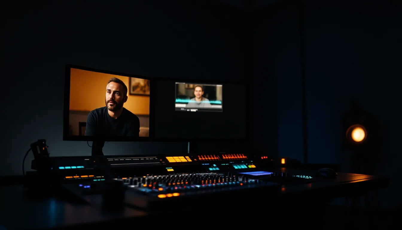 A color grading suite with an interview frame on the calibrated monitor and lit grading panel